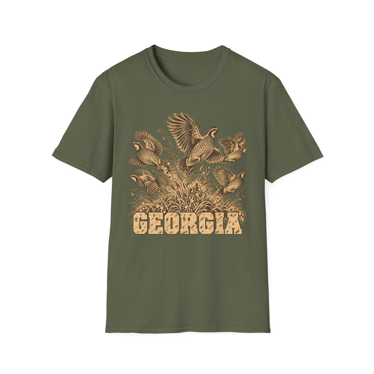 Military green crew-neck t-shirt with tall-grass bird graphic and GEORGIA text