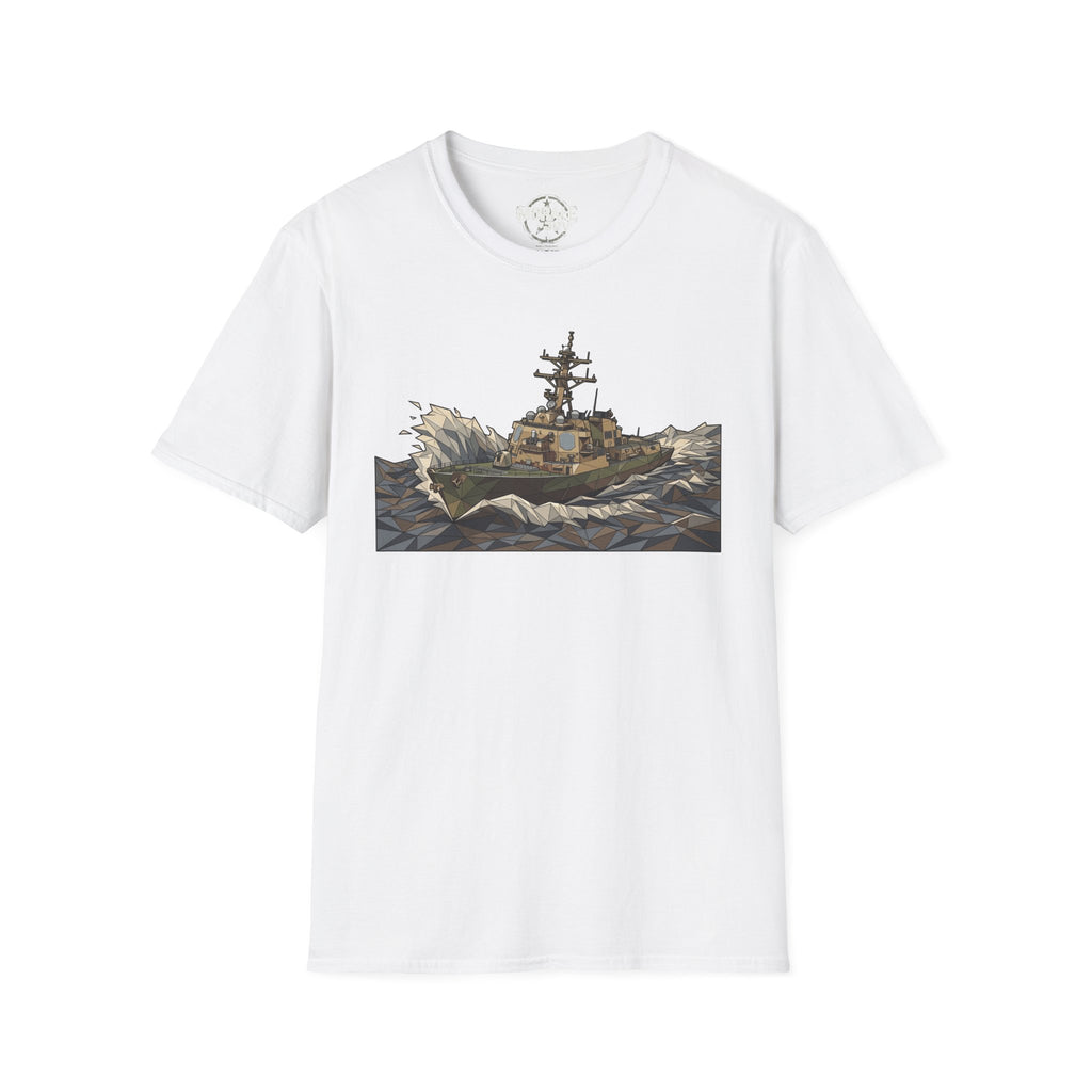 White Coast Guard cutter T-shirt with rough seas ship graphic on the front