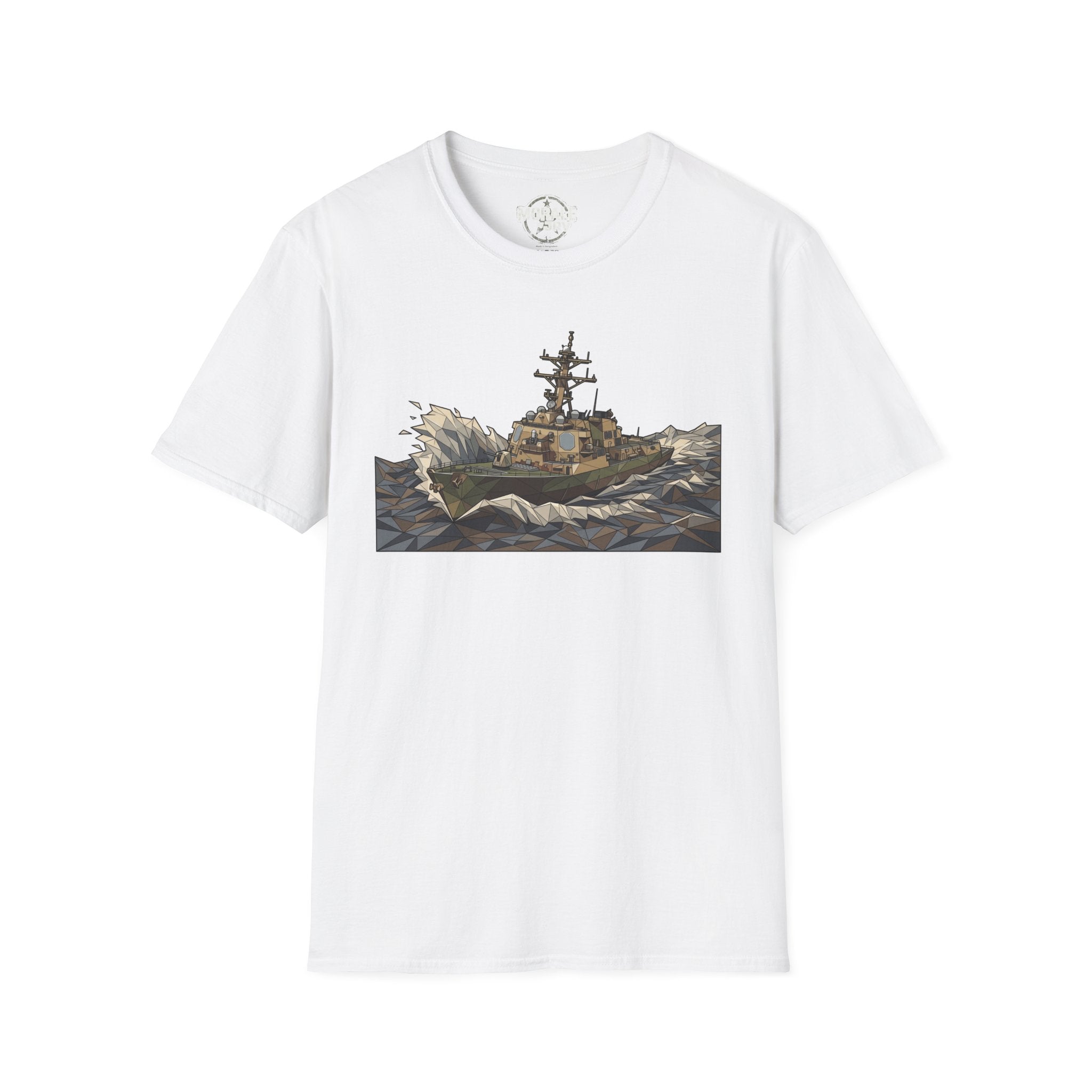 White Coast Guard cutter T-shirt with rough seas ship graphic on the front
