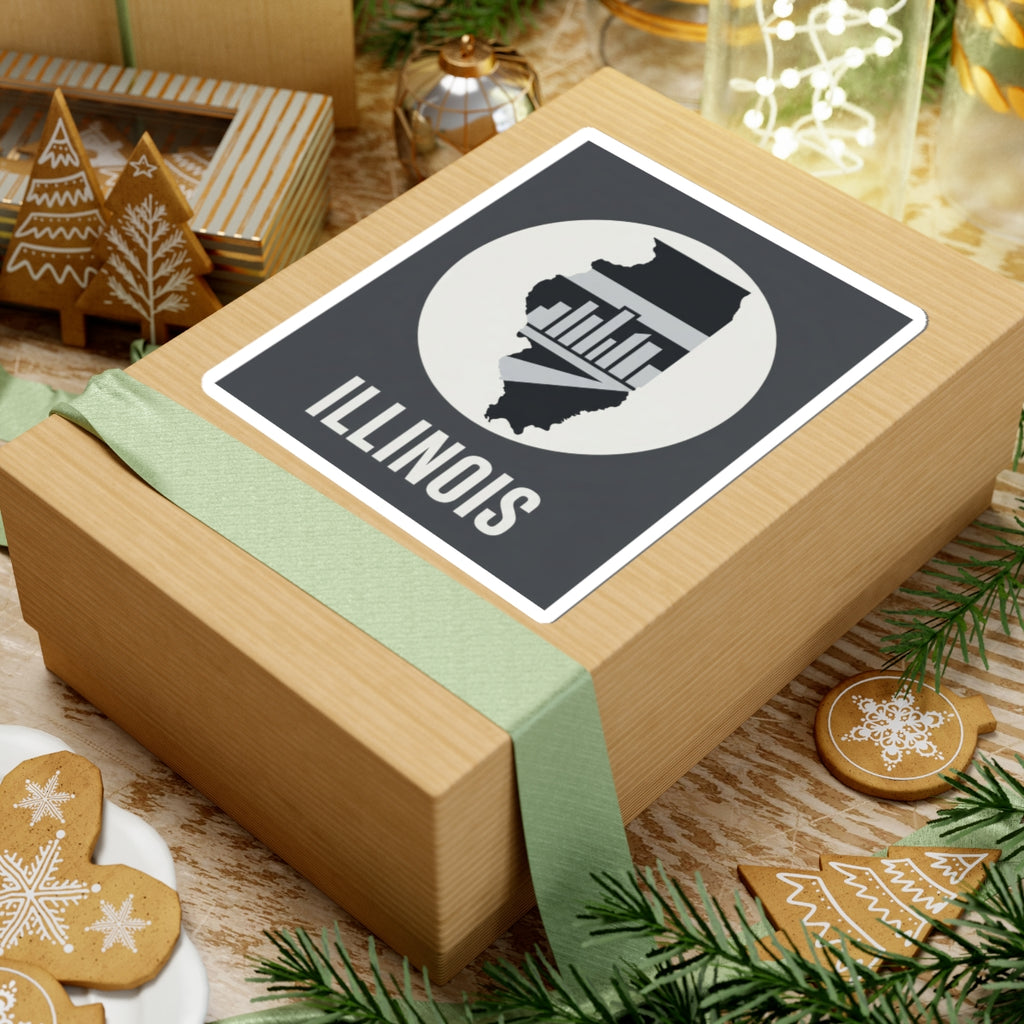 Illinois skyline state silhouette sticker on gift box wrap, showing “ILLINOIS”
