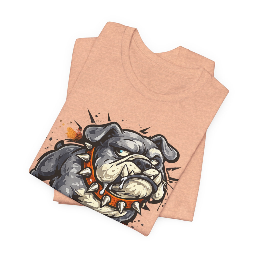Peach crew-neck T-shirt with bulldog head graphic on the chest