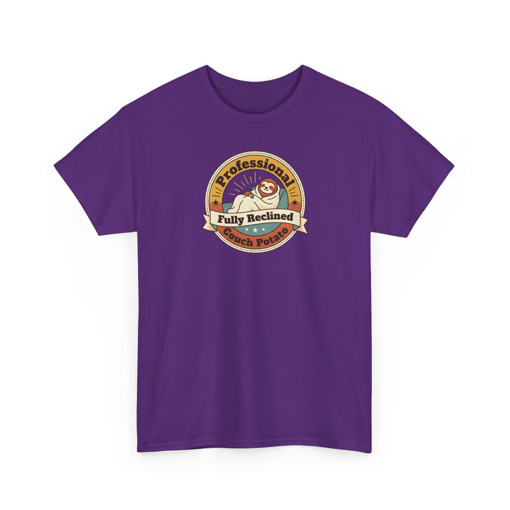 Purple crewneck T-shirt with circular sloth badge graphic on front.