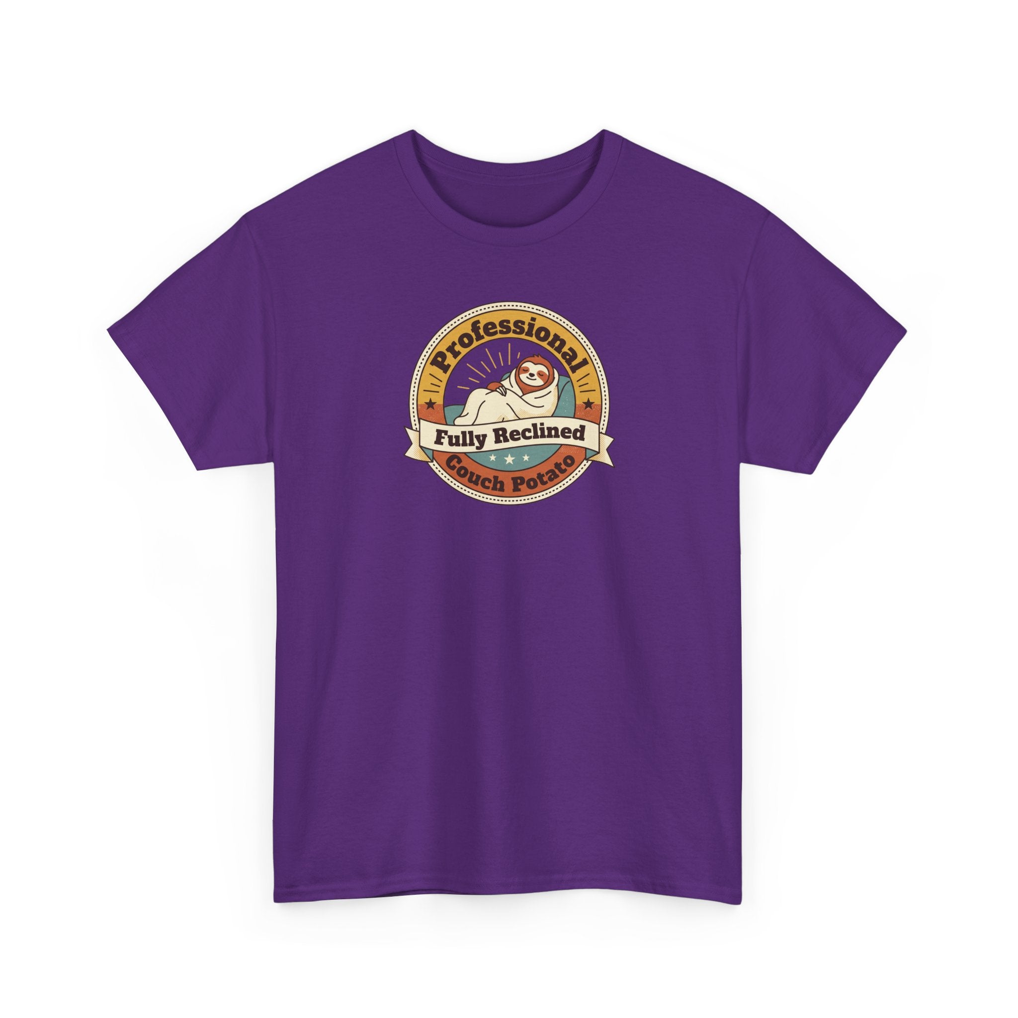 Purple crewneck T-shirt with circular sloth badge graphic on front.