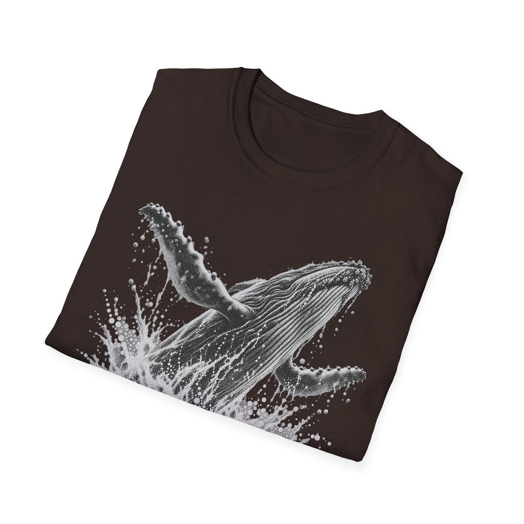 Dark brown T-shirt with gray breaching humpback whale splash graphic