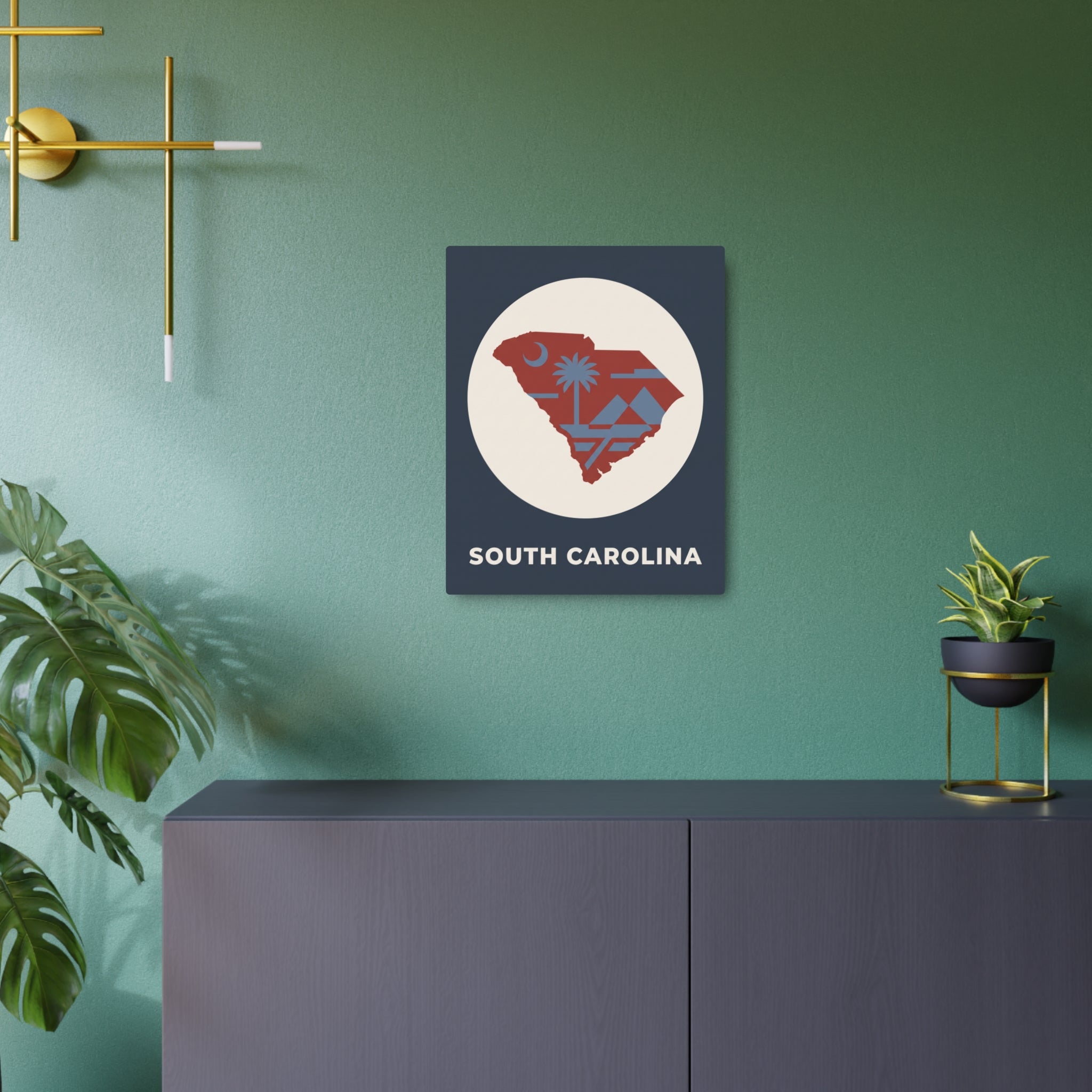 Square South Carolina metal wall sign with circular map emblem and SOUTH CAROLINA text