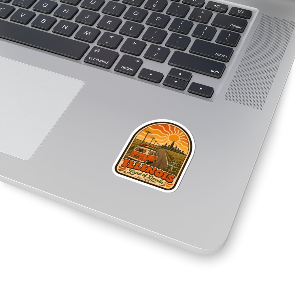 Kiss-cut Illinois sticker decal with retro camper van, orange sun, and skyline text