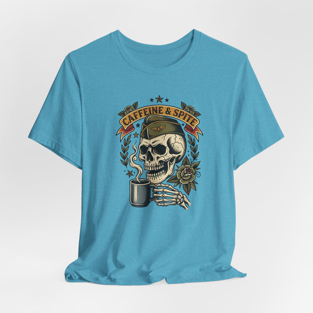 Teal crew-neck T-shirt with skull and coffee mug graphic