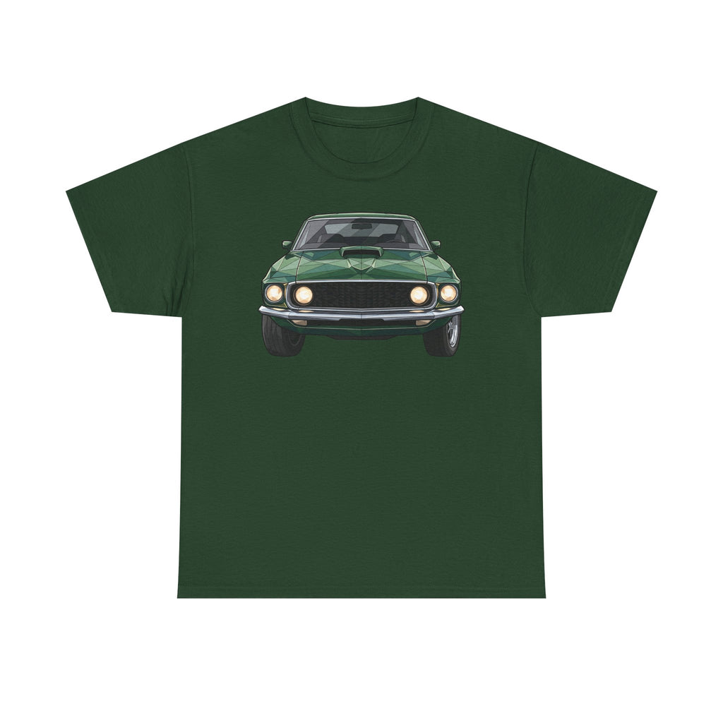 Dark green crew-neck T-shirt with vintage green muscle car front graphic