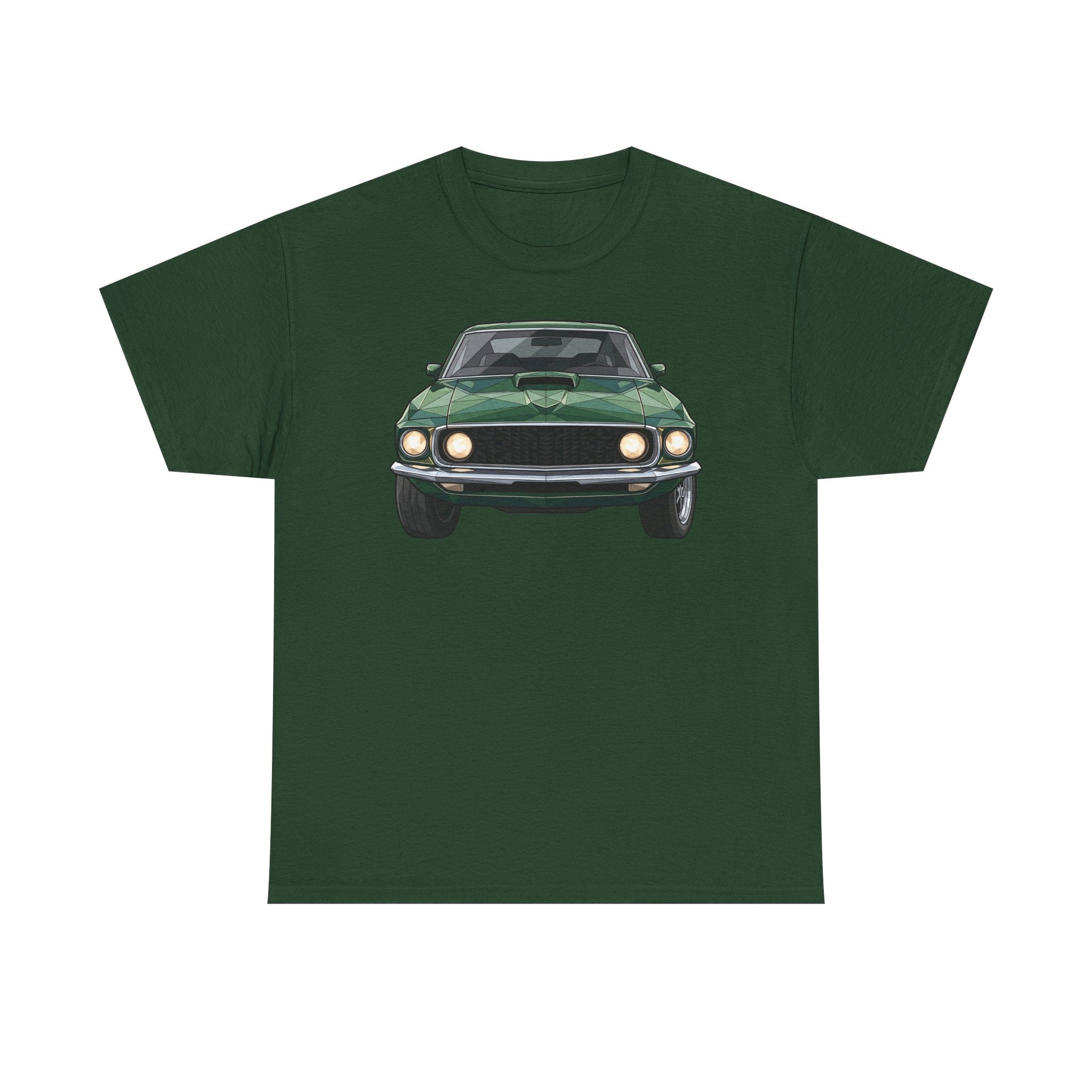 Dark green crew-neck T-shirt with vintage green muscle car front graphic