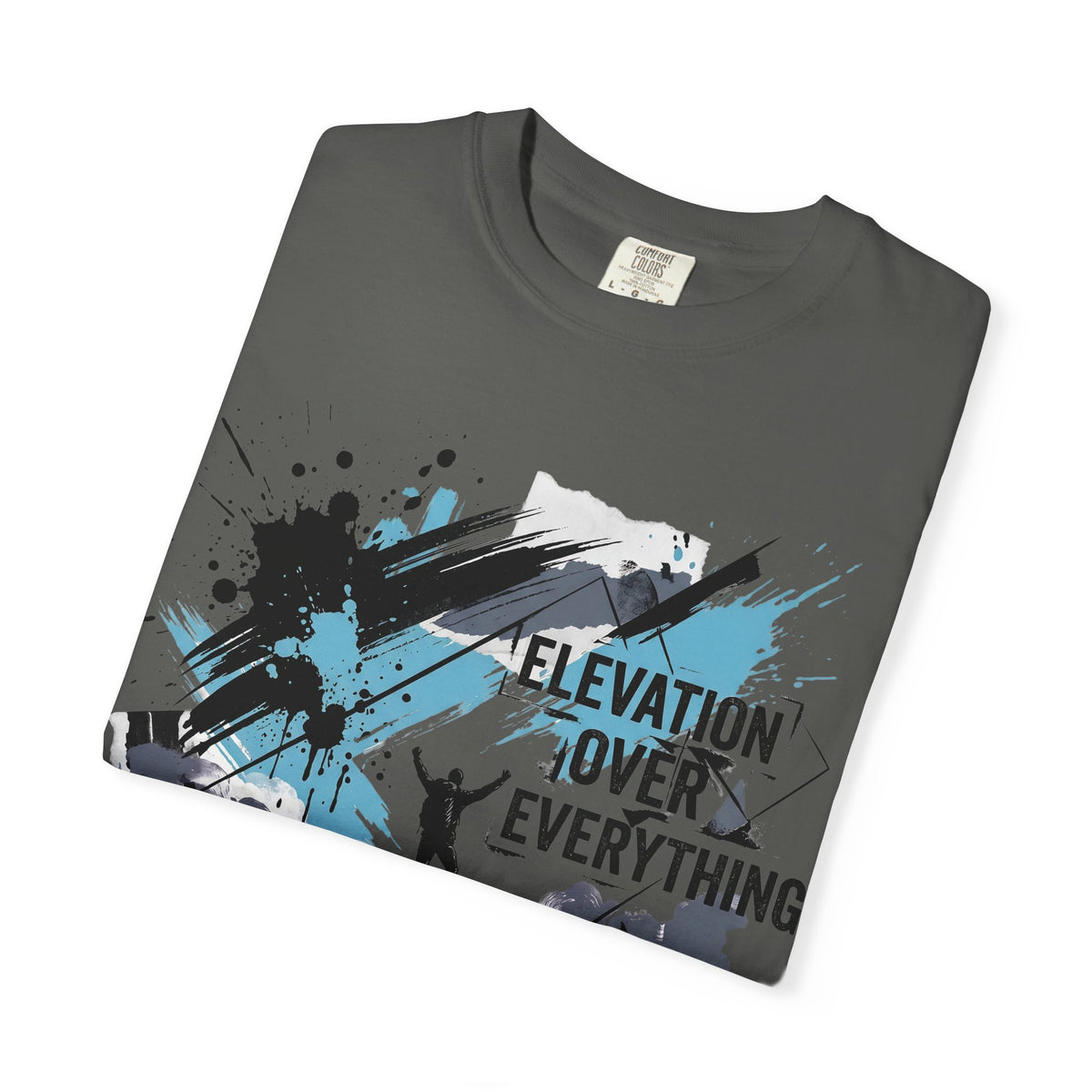 Dark gray crew-neck T-shirt with 'Elevation Over Everything' blue splatter graphic