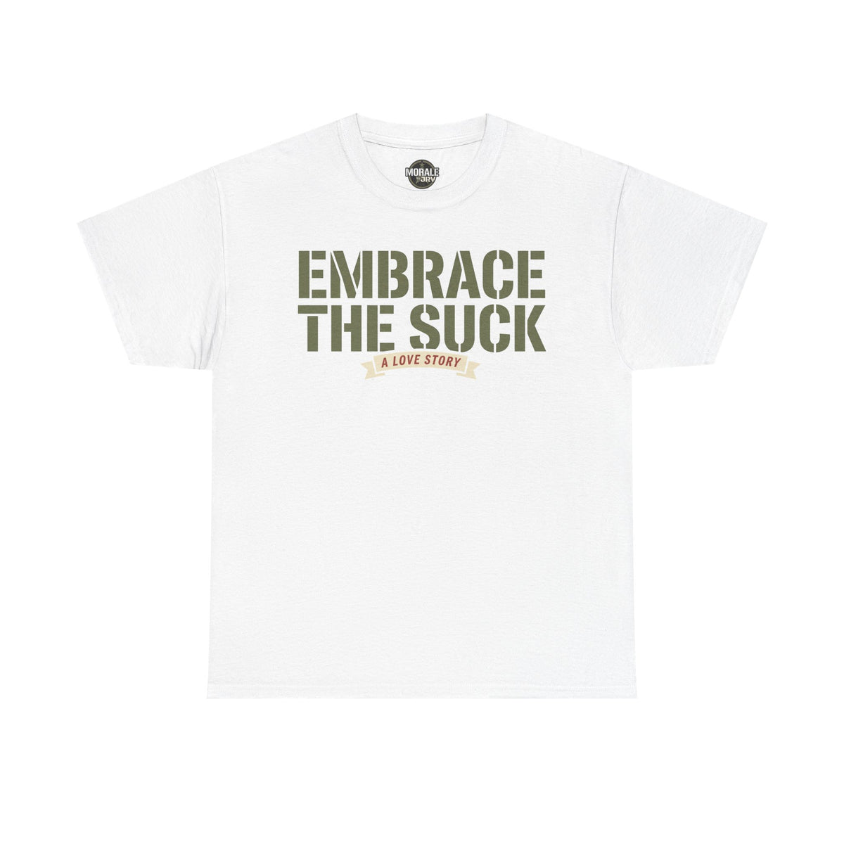 Graphic crewneck t-shirt, white, front print text "EMBRACE THE SUCK"