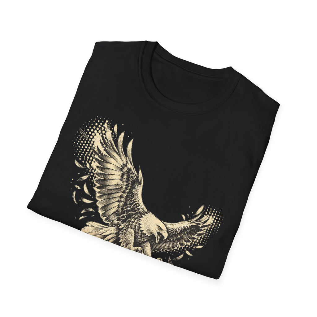 Black crew-neck T-shirt with gold and white eagle graphic on front