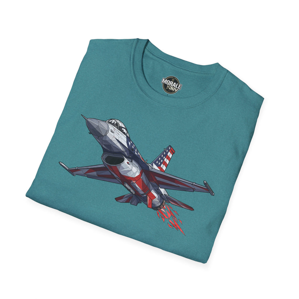 Teal T-shirt with F-16 jet graphic and American flag wing