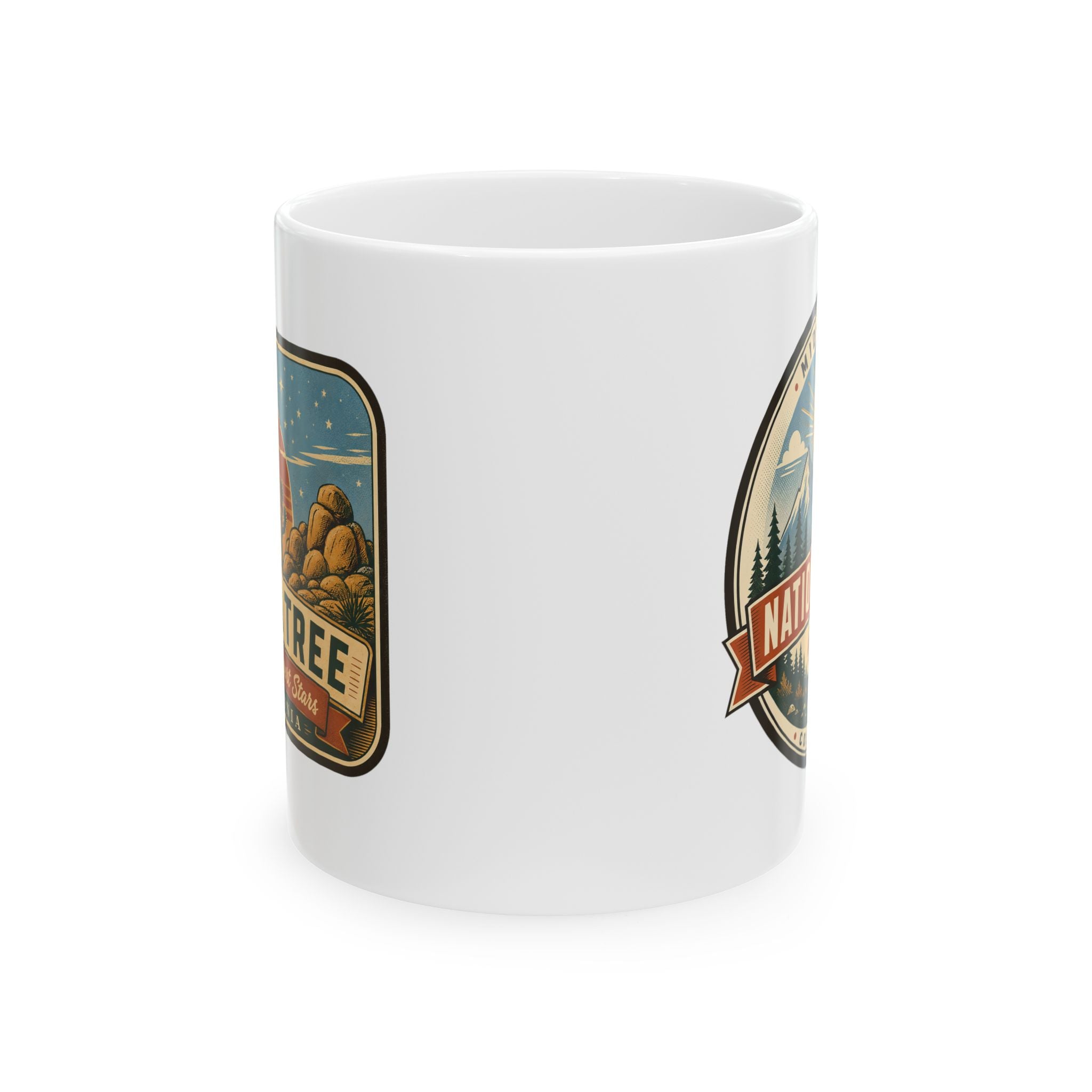White ceramic mug with desert cactus emblem and banner reading Joshua Tree