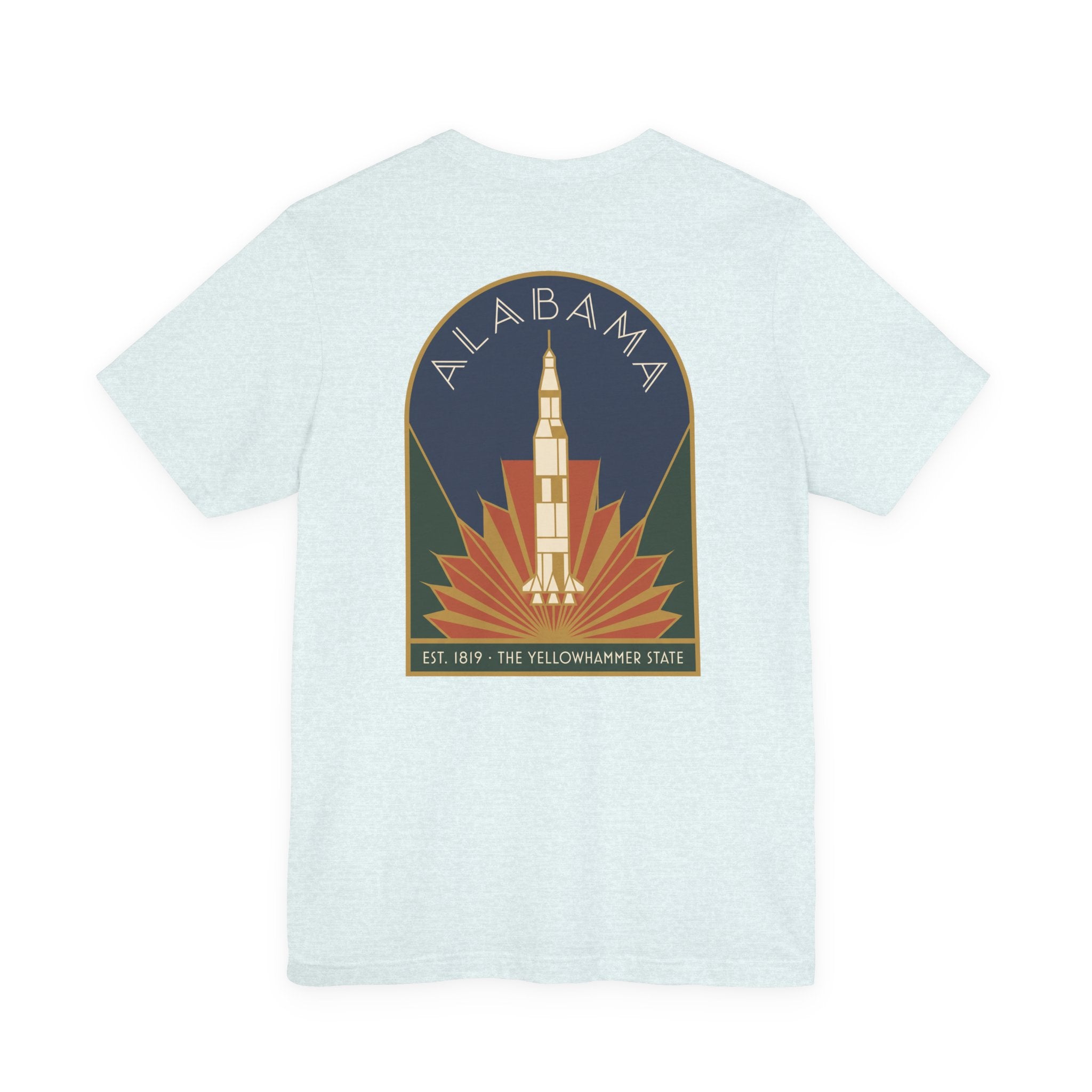Light blue T-shirt with Alabama rocket emblem graphic centered on back