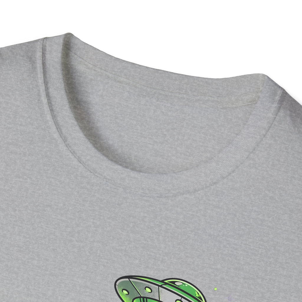 Alien & Skull T-Shirt, sport grey crew neck, partial green UFO beam graphic at bottom
