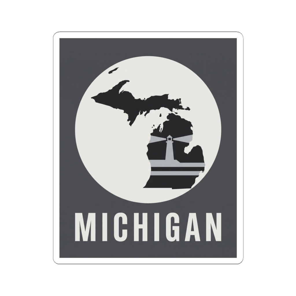 Michigan silhouette sticker decal with white circle and bold text “MICHIGAN”.
