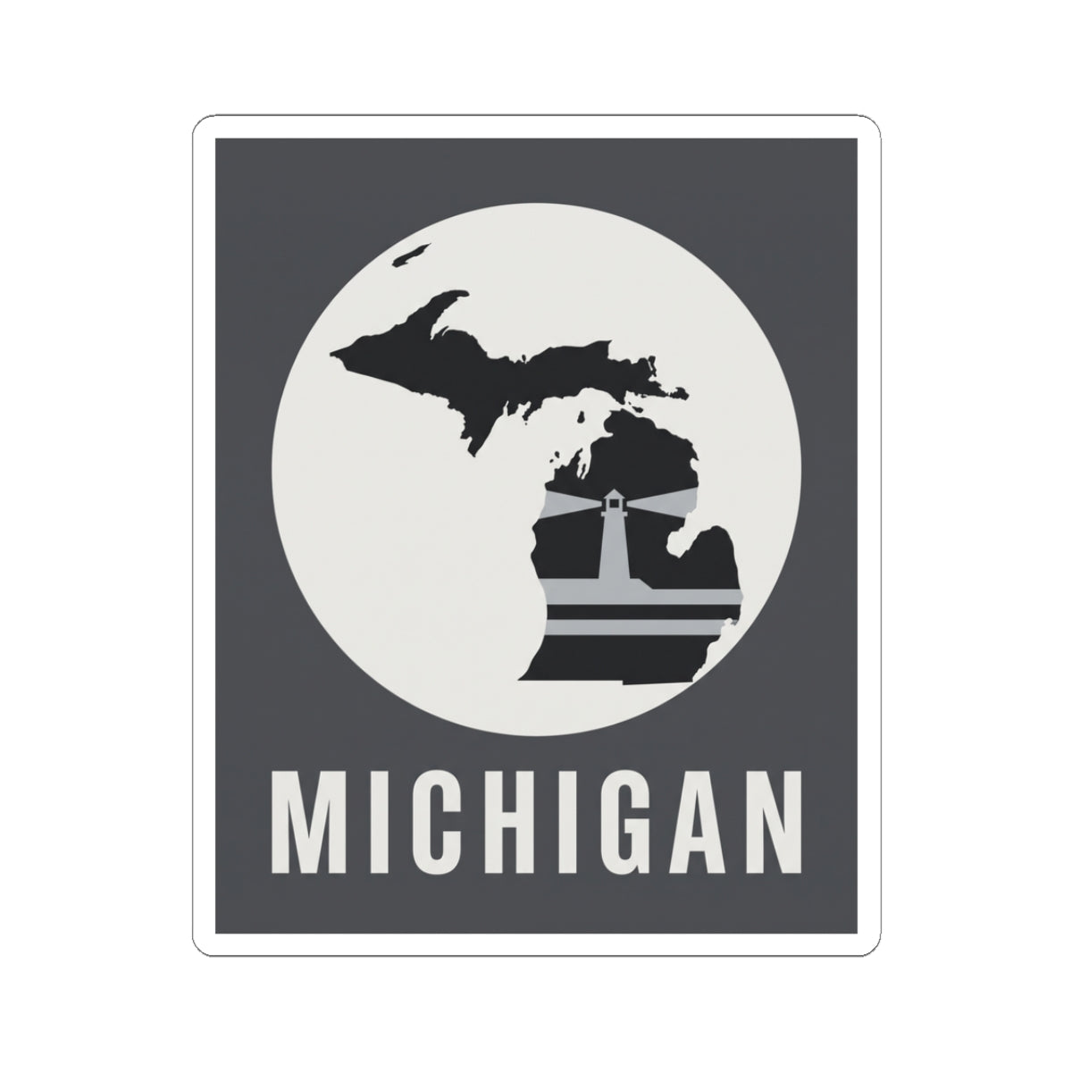Michigan silhouette sticker decal with white circle and bold text “MICHIGAN”.