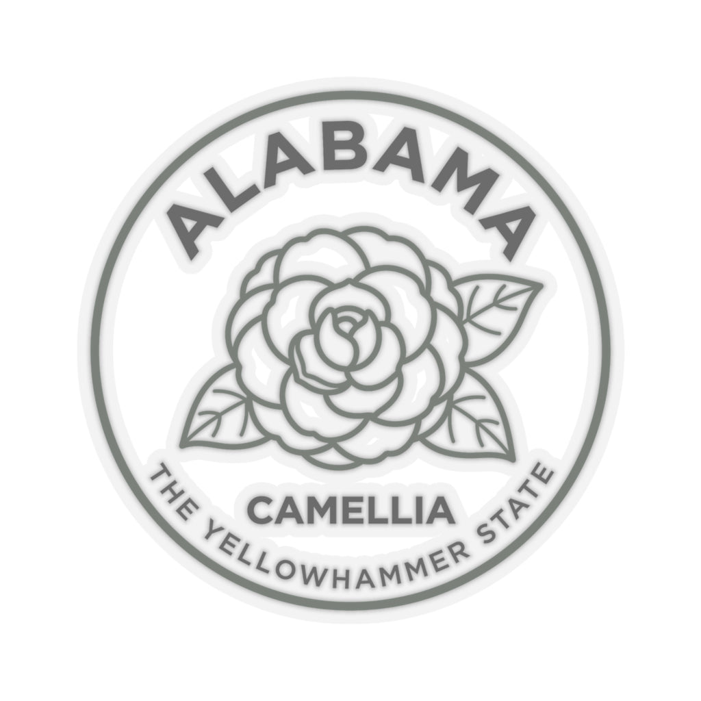 Circular clear vinyl Alabama camellia seal sticker with gray flower and state wording