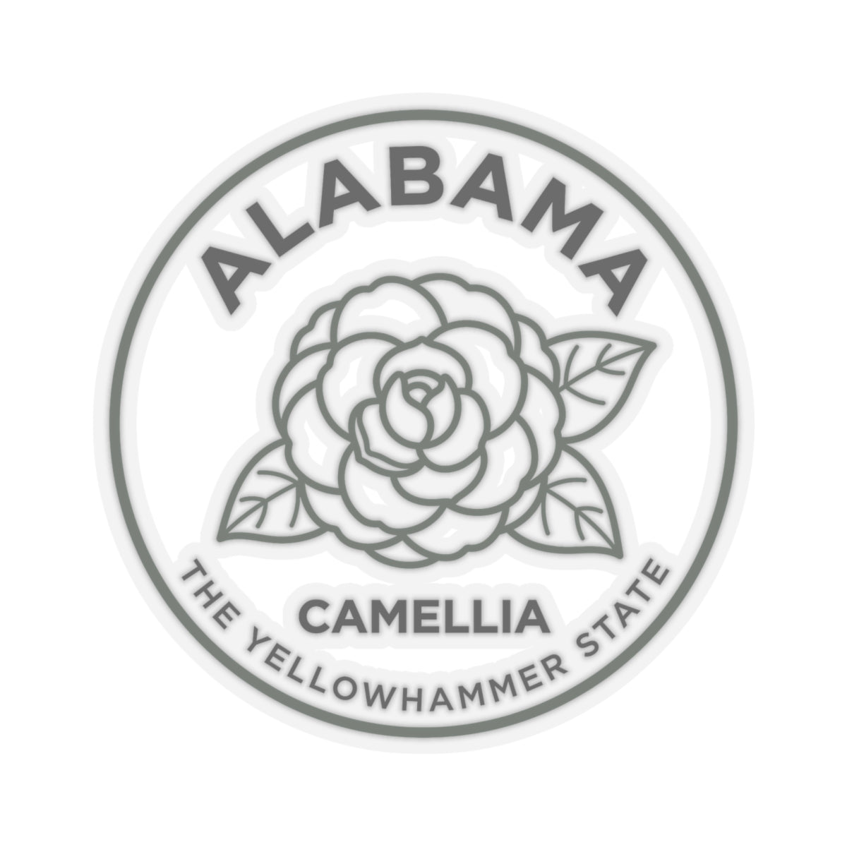 Circular clear vinyl Alabama camellia seal sticker with gray flower and state wording