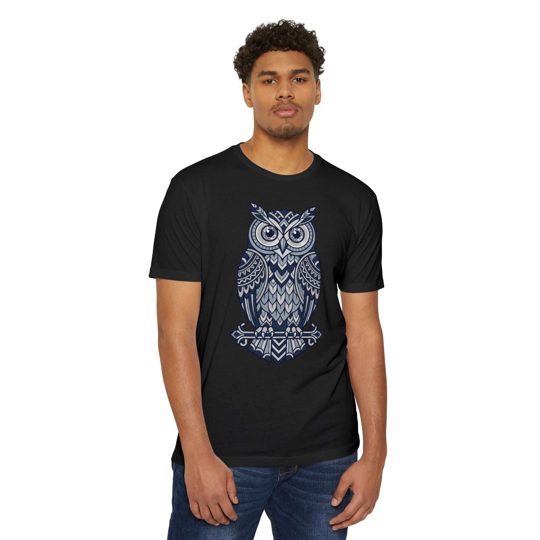 Black graphic owl T-shirt with blue tribal owl design front