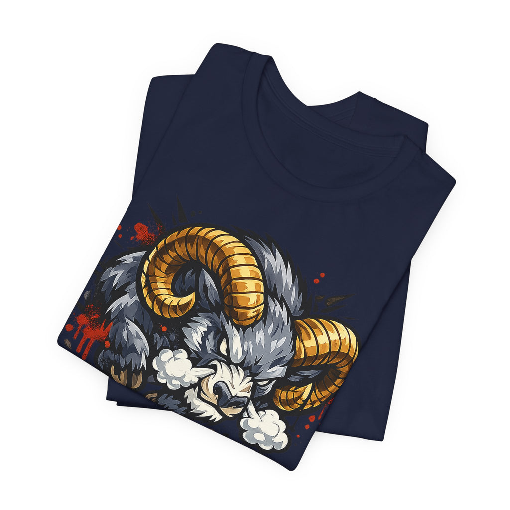 Navy t-shirt with charging ram head graphic, gold horns and red splatter accents
