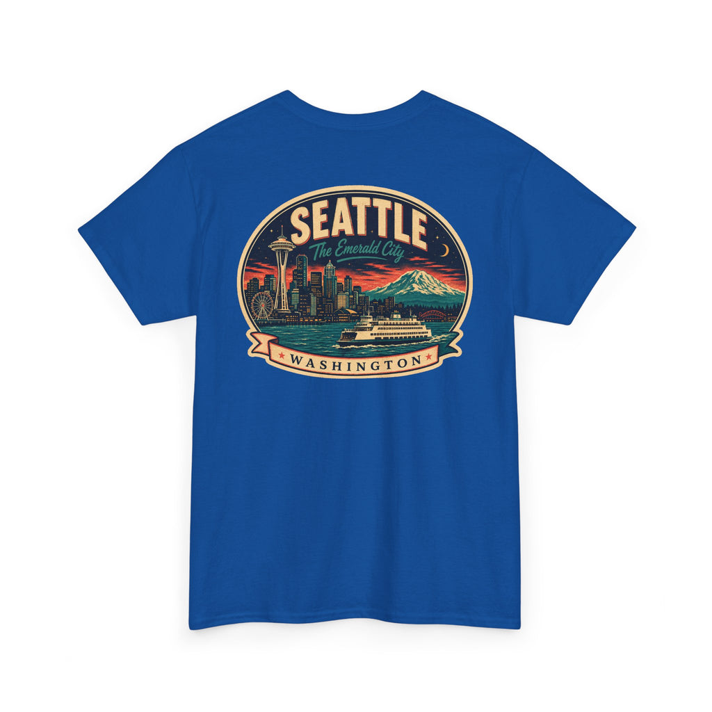 Royal blue Seattle logo T-shirt with retro skyline badge graphic