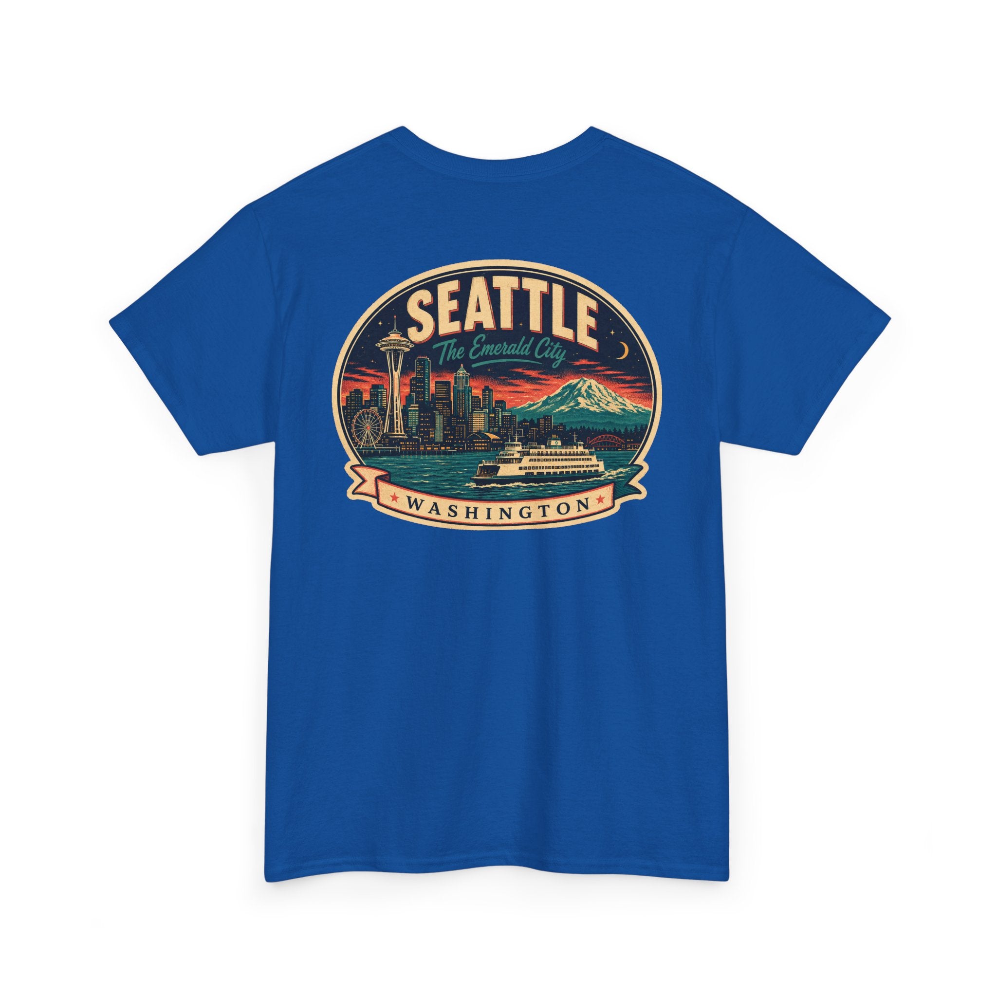 Royal blue Seattle logo T-shirt with retro skyline badge graphic