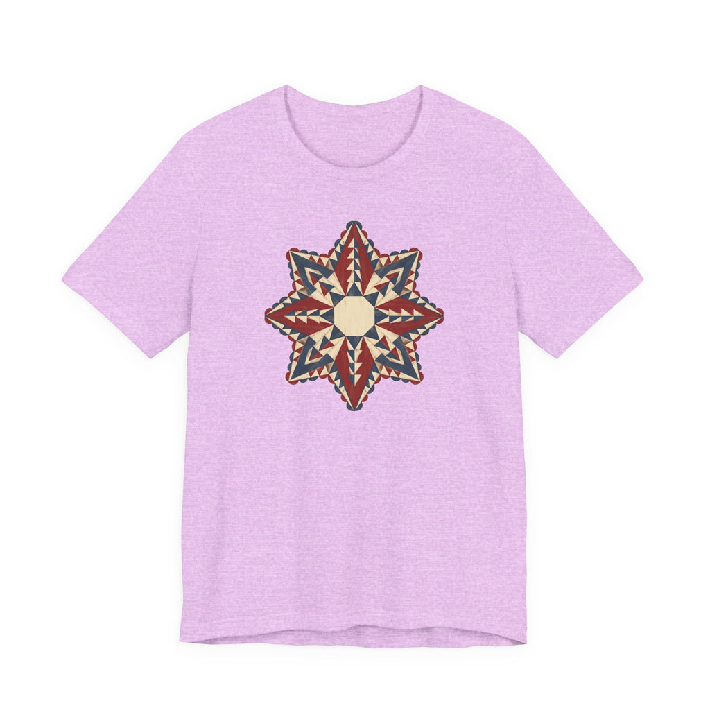 Lavender graphic tee with colorful star mandala geometric compass print