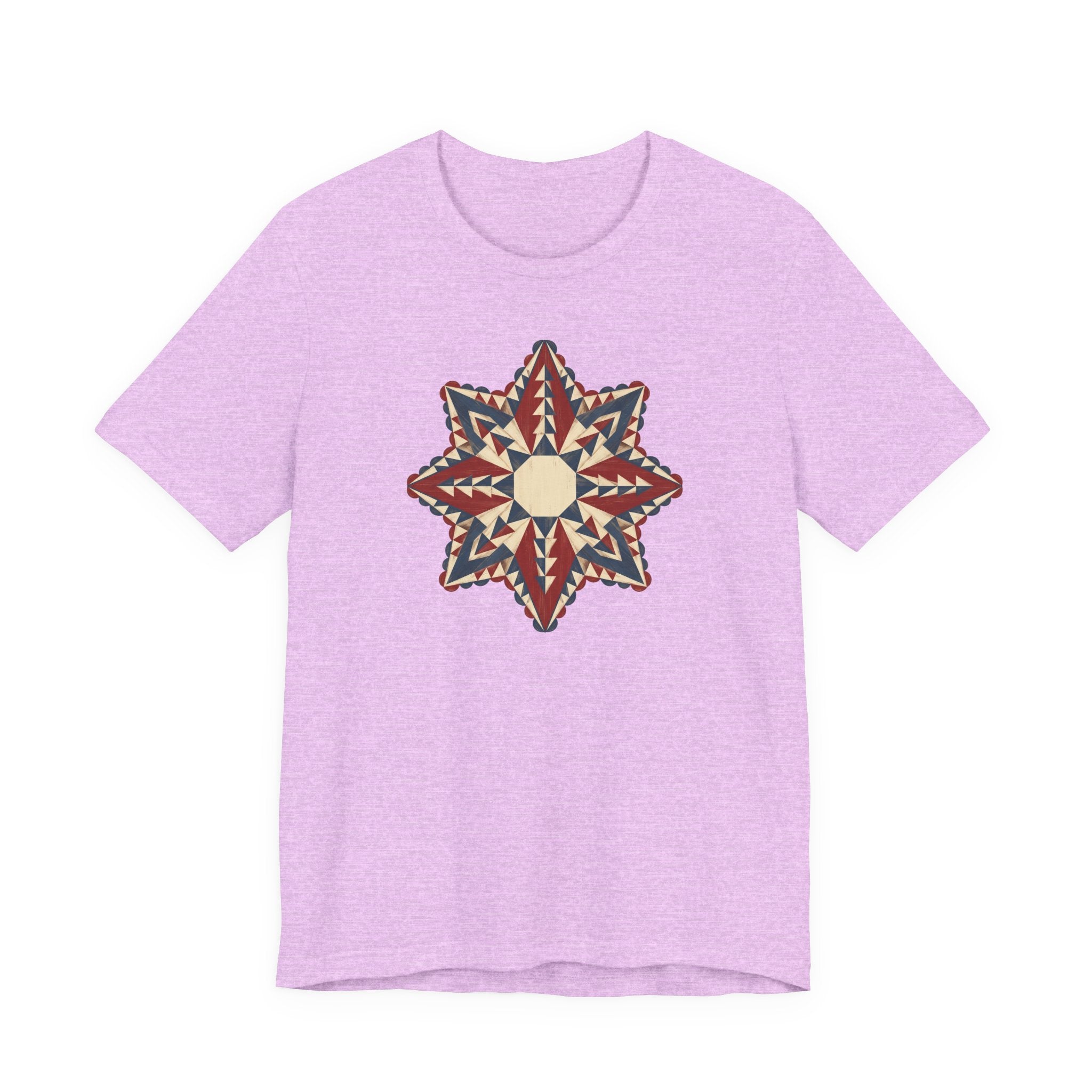 Lavender graphic tee with colorful star mandala geometric compass print