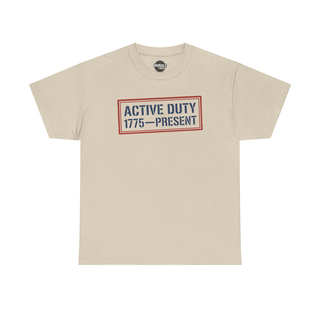 Sand crew neck tee with red and blue “Active Duty 1775–Present” chest logo