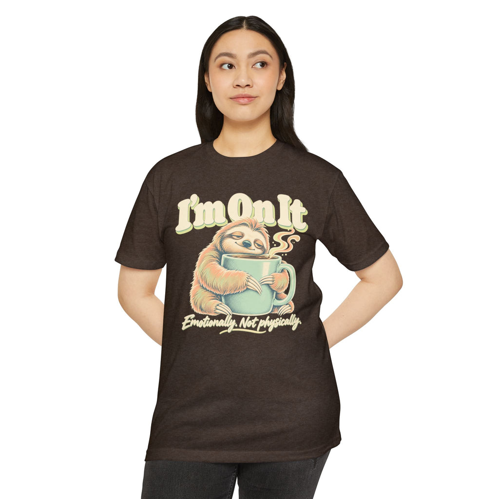 Coffee sloth graphic T-shirt, dark brown, front view with sloth coffee print, crew neck