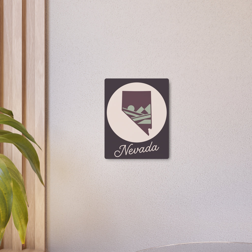 Nevada state metal wall art sign mounted on wall, mauve silhouette with Nevada script