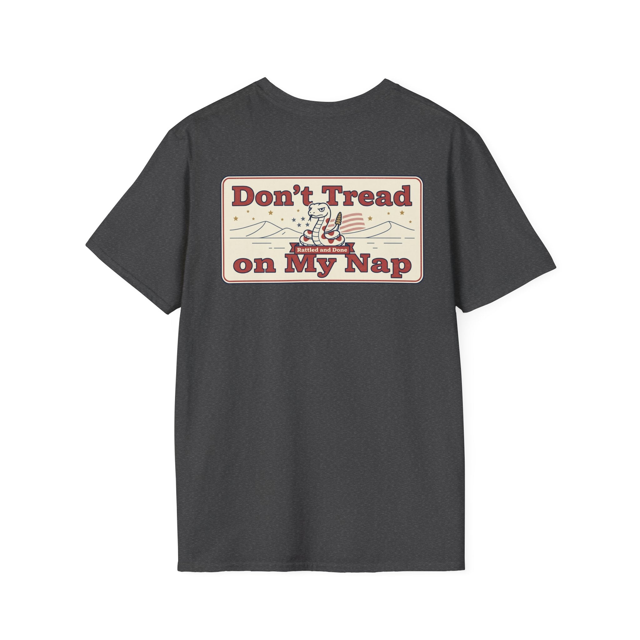 Dark gray T-shirt with "Don't Tread on My Nap" rectangular chest graphic