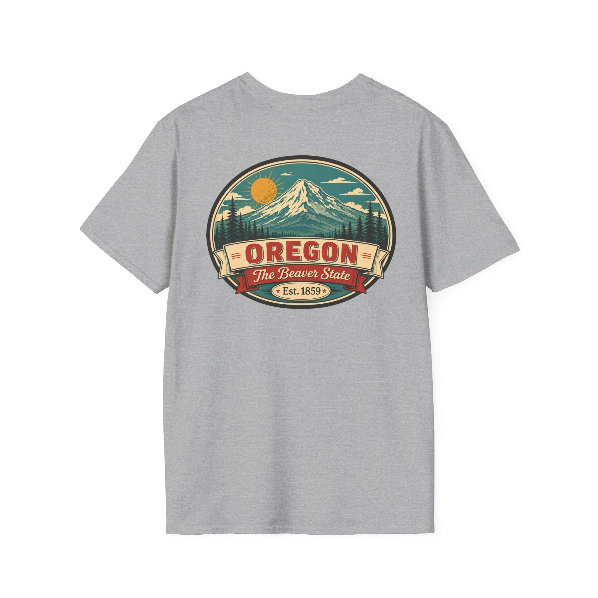Oregon mountain graphic T-shirt, heather gray crew neck with circular Beaver State logo