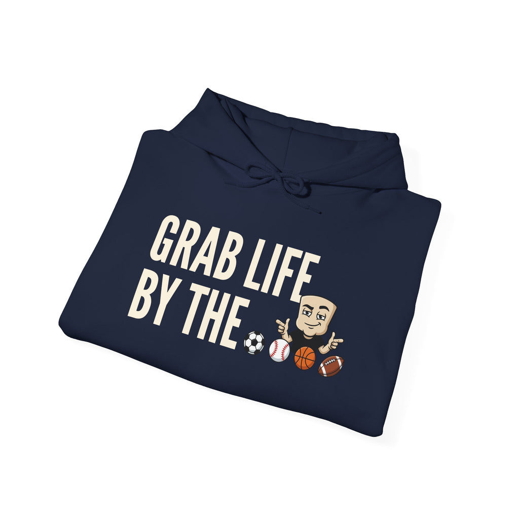 Navy pullover hoodie with "GRAB LIFE BY THE" sports ball graphic