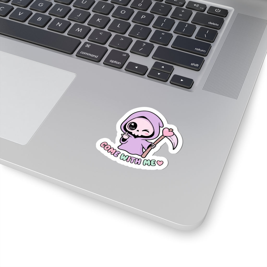 Purple hood grim reaper sticker reading 'Come With Me' with heart