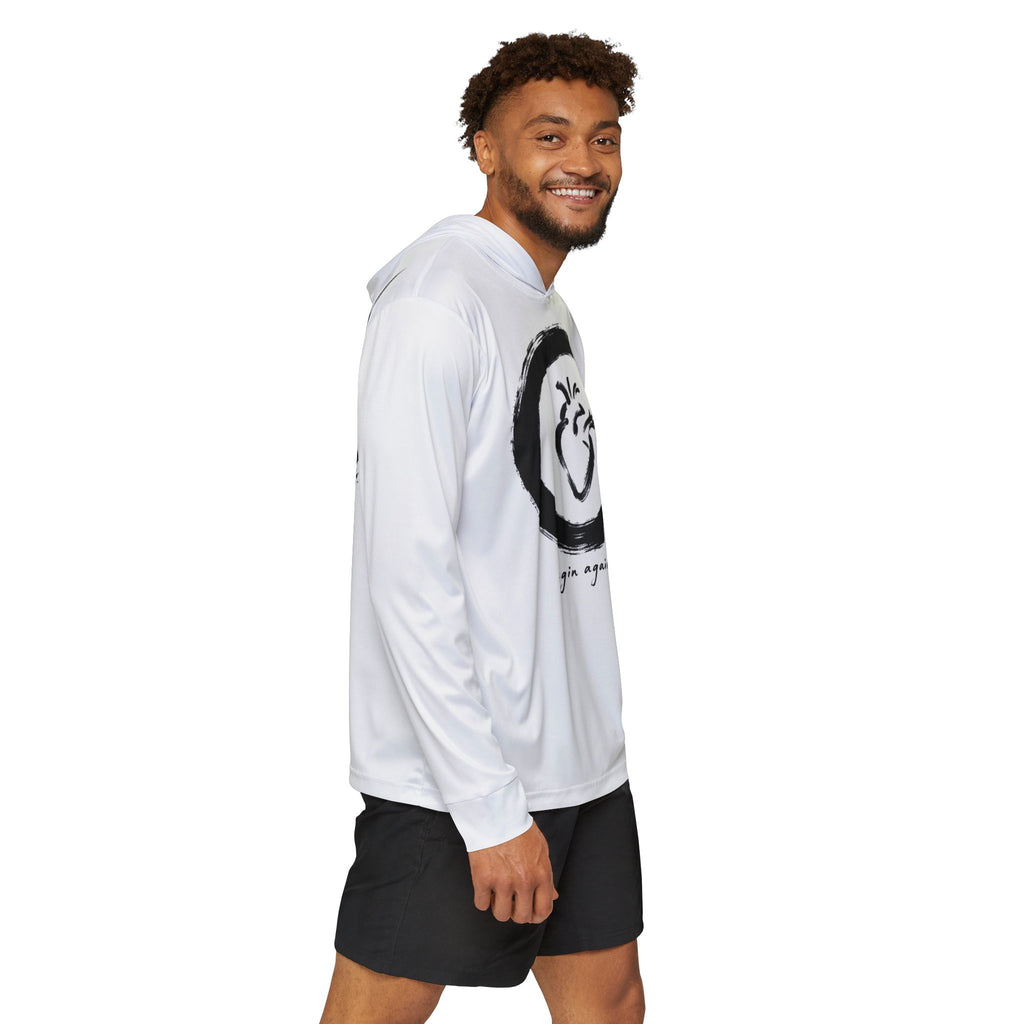 White pullover hoodie with heart enso side print visible