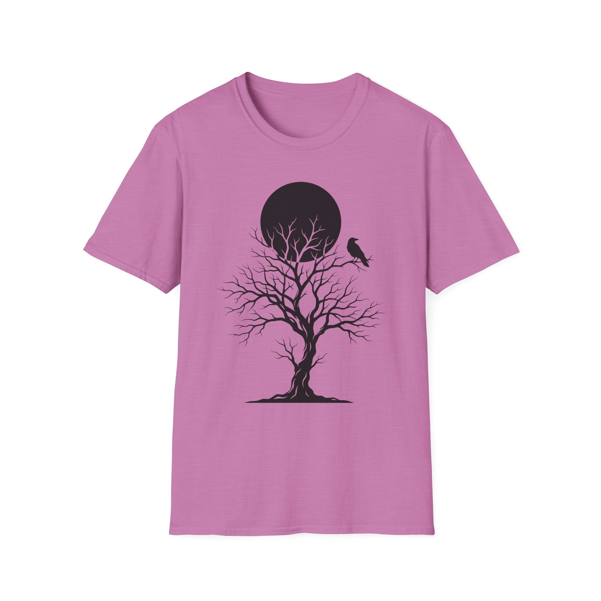 Mauve Raven Moon T-shirt with black tree, bird, and round moon graphic