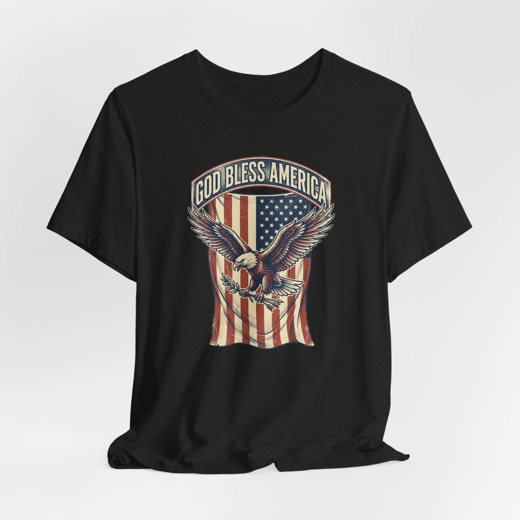 Black T-shirt with 'God Bless America' eagle and striped flag graphic