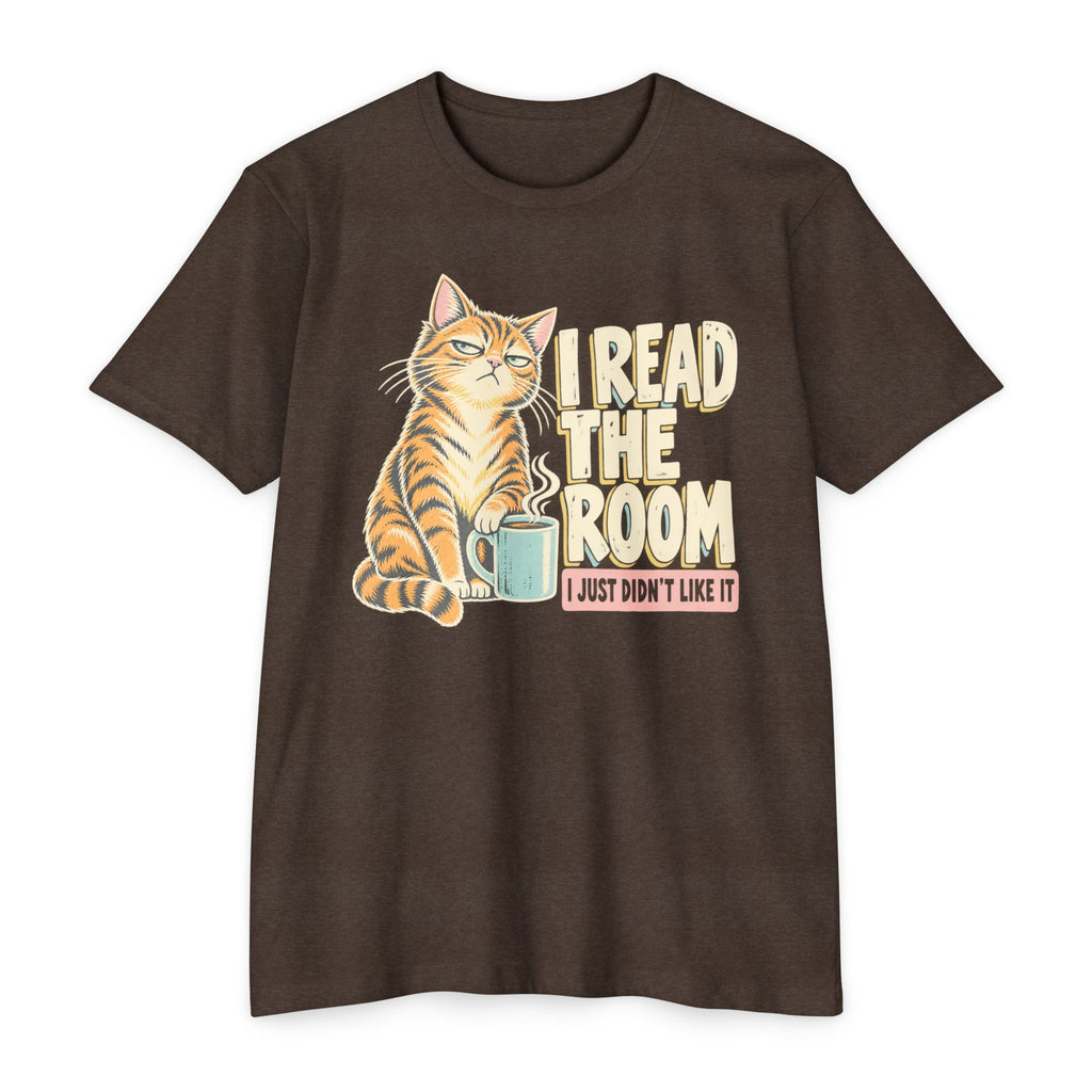 Brown crew-neck short-sleeve cat T-shirt with “I Read the Room” graphic and mug