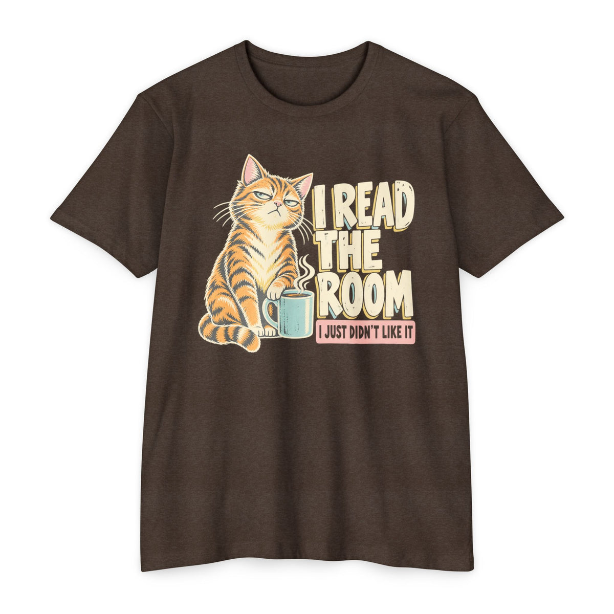 Brown crew-neck short-sleeve cat T-shirt with “I Read the Room” graphic and mug