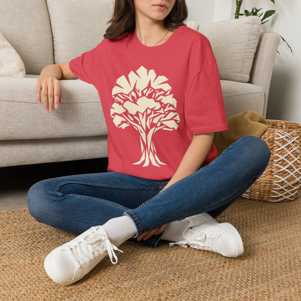 Red crew-neck T-shirt with faceted geometric tree graphic, worn by model
