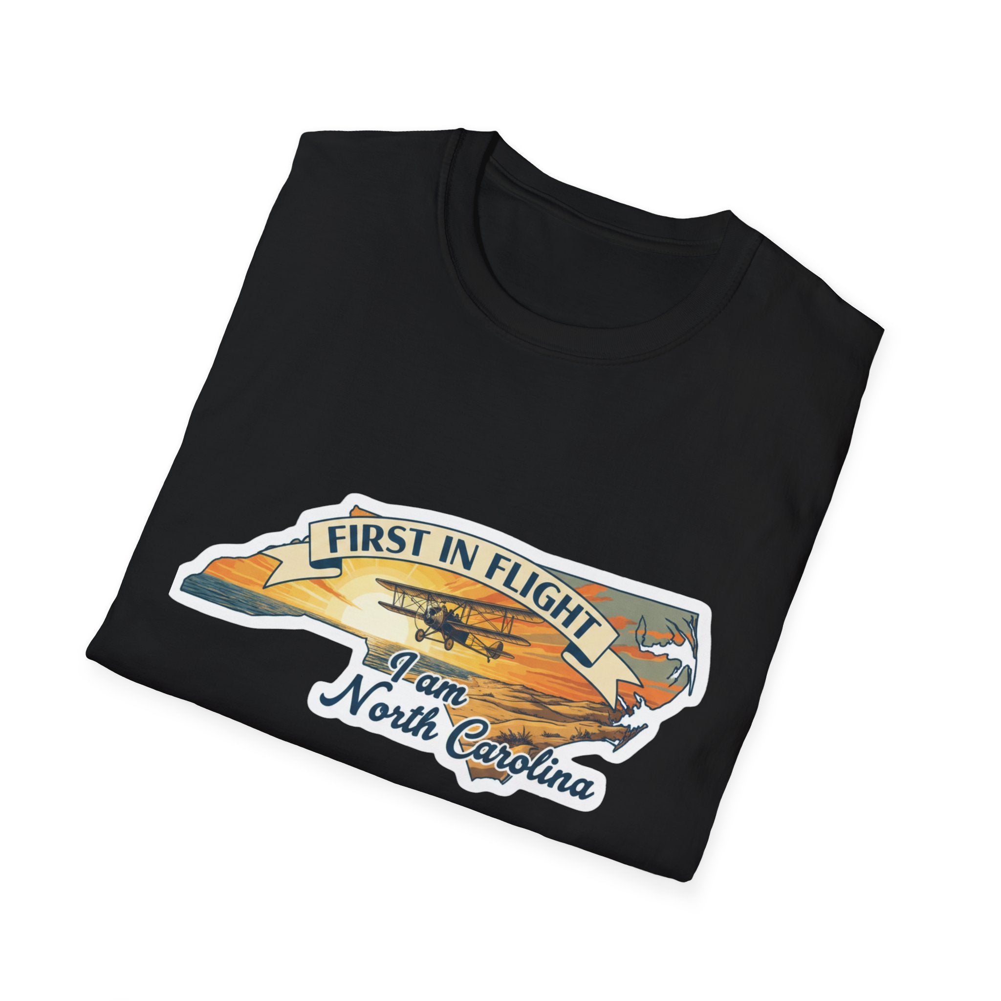 Black North Carolina T-shirt with “First in Flight” plane and North Carolina state graphic