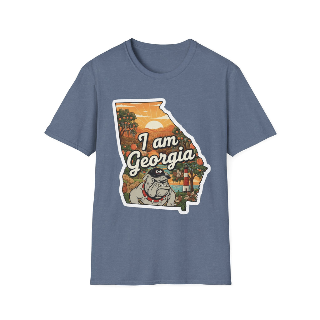 Slate blue T-shirt with “I am Georgia” bulldog state map sunset graphic
