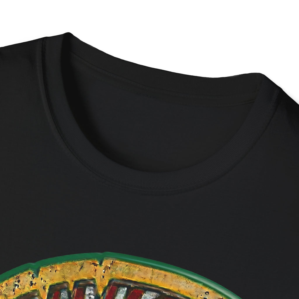 Black crew-neck t-shirt, collar close-up