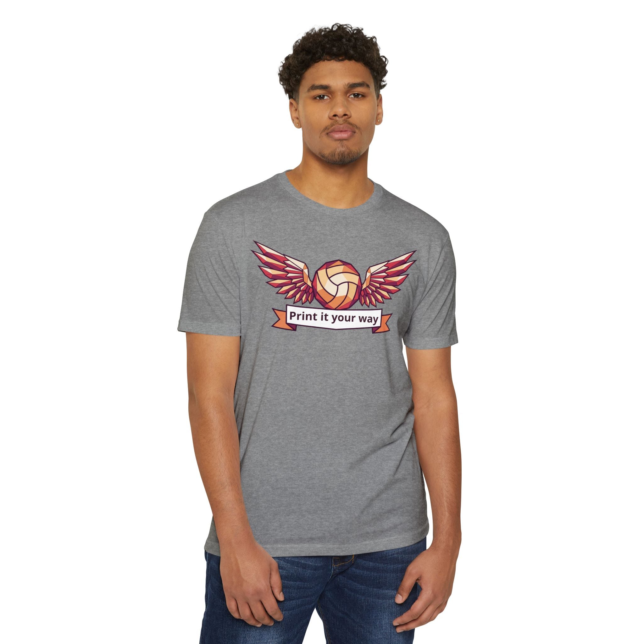 Unisex volleyball T-shirt, heather gray with winged volleyball banner print