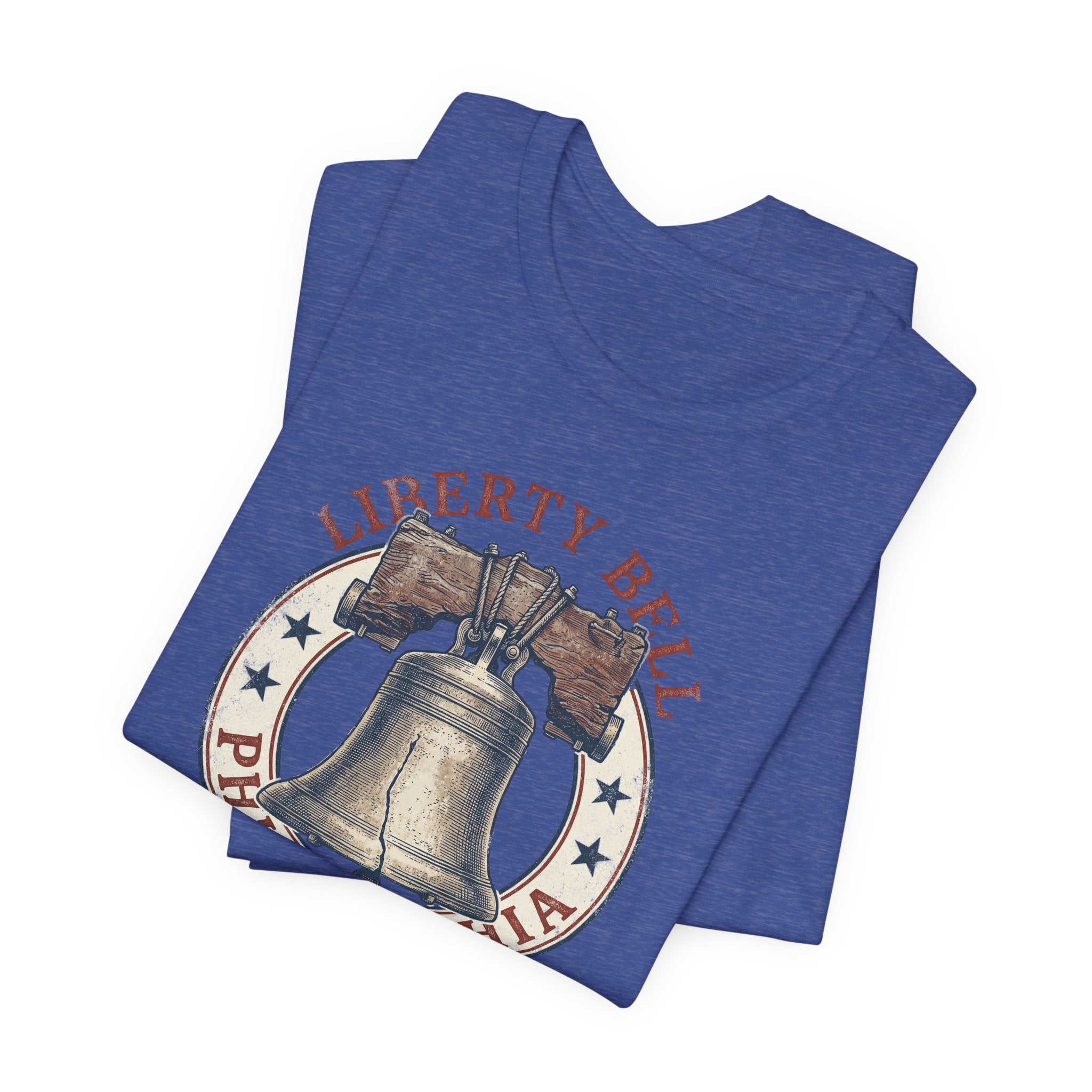 Royal blue Liberty Bell graphic T-shirt with bell and circular Philadelphia emblem