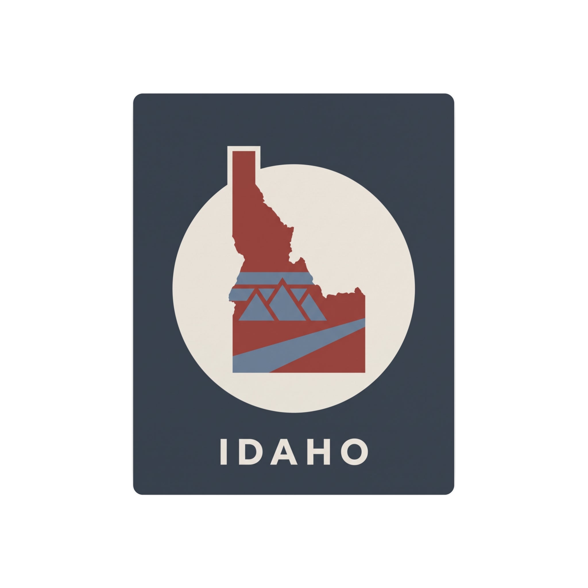 Idaho map metal sign with red state silhouette, white circle, and IDAHO lettering on dark blue