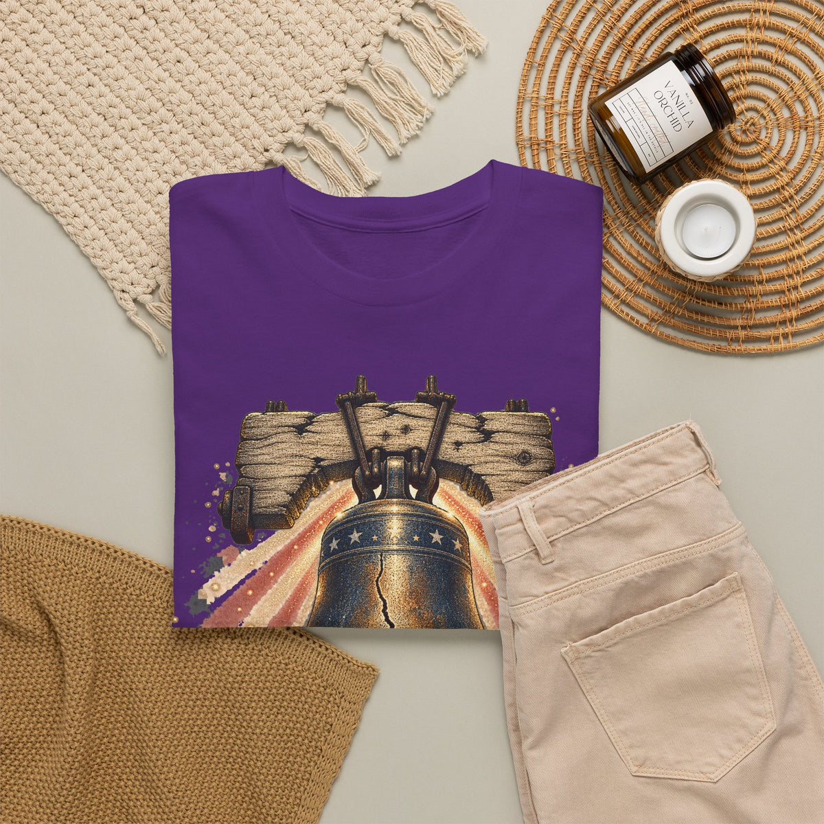 Purple crew-neck short-sleeve T-shirt with Liberty Bell and American stripes print